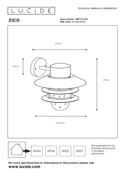 Lucide ZICO - Wandlamp Binnen/Buiten - 1xE27 - IP44 - Zwart - technisch